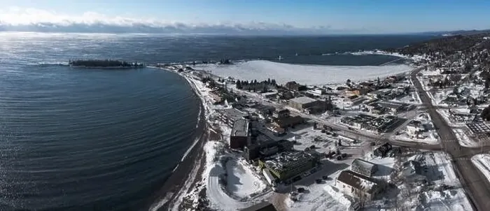 Framed Print : Grand Marias Minnesota on Lake Superior WInter - drone aerial Framed Print : Grand Marias Minnesota on Lake Superior WInter - drone aerial