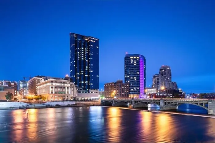 Framed Print : Grand Rapids, Michigan, USA downtown skyline on the Grand River at dusk Framed Print : Grand Rapids, Michigan, USA downtown skyline on the Grand River at dusk