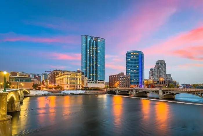 Framed Print : Grand Rapids, Michigan, USA downtown skyline on the Grand River at dusk