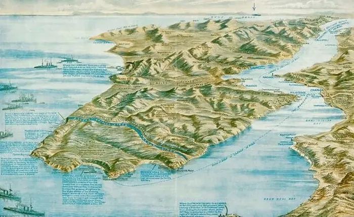 Framed Print : Graphic map of the Dardanelles and Gallipoli, showing the Allied bridgeheads at Cape Helles and ANZAC Cove