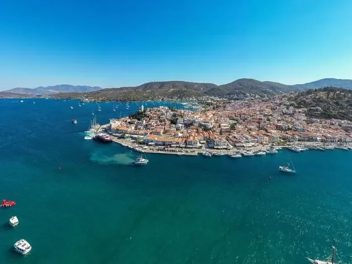 Framed Print : Greece, Aerial drone view of Poros island in Saronic gulf Framed Print : Greece, Aerial drone view of Poros island in Saronic gulf