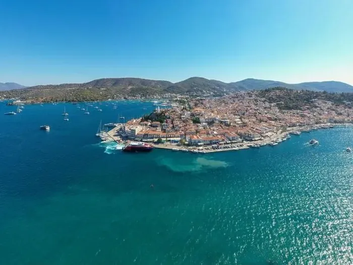 Framed Print : Greece, Aerial drone view of Poros island in Saronic gulf Framed Print : Greece, Aerial drone view of Poros island in Saronic gulf