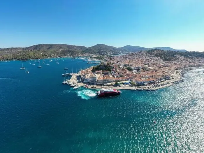 Framed Print : Greece, Aerial drone view of Poros island in Saronic gulf Framed Print : Greece, Aerial drone view of Poros island in Saronic gulf