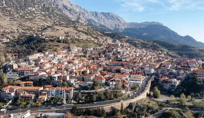 Framed Print : Greece Arachova village on Parnassos Mountain aerial drone view Framed Print : Greece Arachova village on Parnassos Mountain aerial drone view