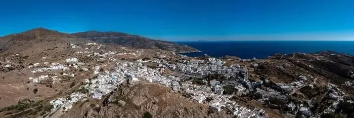 Framed Print : Greece Cyclades. Ios island, Chora town panorama aerial drone view Framed Print : Greece Cyclades. Ios island, Chora town panorama aerial drone view