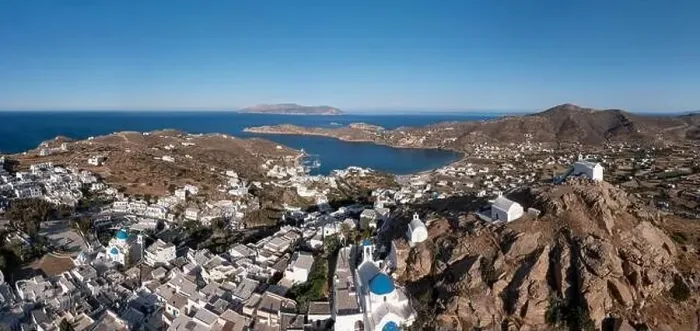Framed Print : Greece Cyclades. Ios island, Chora town panorama aerial drone view Framed Print : Greece Cyclades. Ios island, Chora town panorama aerial drone view