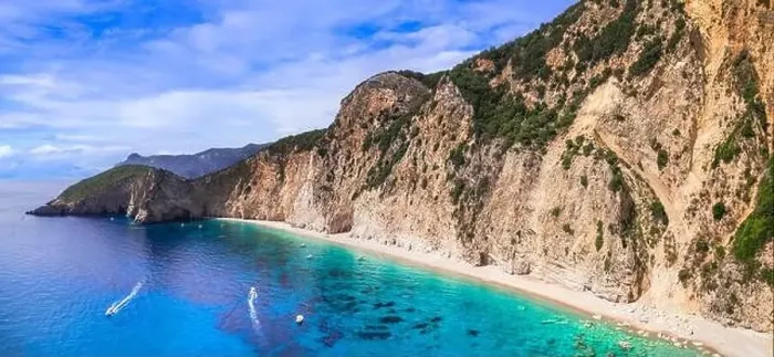 Framed Print : Greece, Ionian islands. Best beaches of Corfu. impressive Paradise beach under huge rock. aerial drone view Framed Print : Greece, Ionian islands. Best beaches of Corfu. impressive Paradise beach under huge rock. aerial drone view
