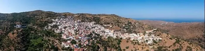 Framed Print : Greece, Kea island. Panoramic aerial drone view of the capital city Framed Print : Greece, Kea island. Panoramic aerial drone view of the capital city