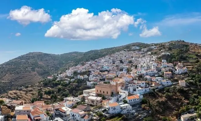 Framed Print : Greece, Kea Tzia island. Ioulida or Ioulis cityscape aerial drone view Framed Print : Greece, Kea Tzia island. Ioulida or Ioulis cityscape aerial drone view