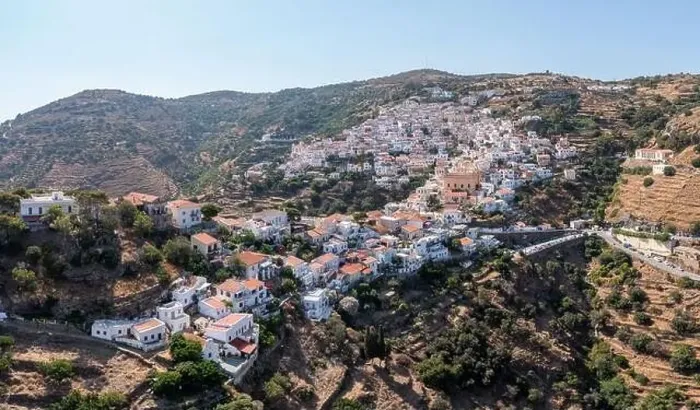 Framed Print : Greece, Kea Tzia island. Ioulida town aerial drone panorama view Framed Print : Greece, Kea Tzia island. Ioulida town aerial drone panorama view