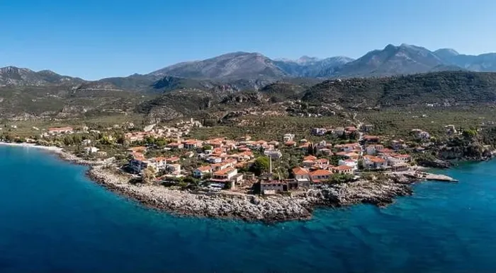 Framed Print : Greece, Mani. Kardamili town, aerial drone view Framed Print : Greece, Mani. Kardamili town, aerial drone view