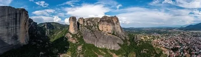 Framed Print : Greece Meteora landscape panoramic aerial view. Kalabaka village and famous rock formations. Europe travel destination Framed Print : Greece Meteora landscape panoramic aerial view. Kalabaka village and famous rock formations. Europe travel destination