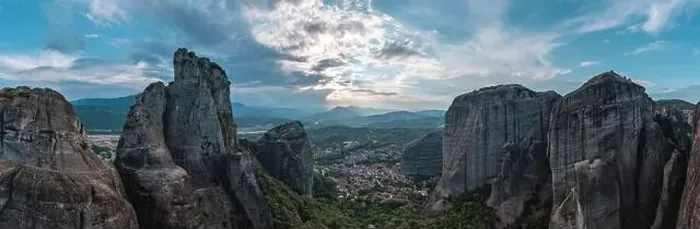Framed Print : Greece Meteora landscape panoramic aerial view. Kalabaka village and famous rock formations. Europe travel destination Framed Print : Greece Meteora landscape panoramic aerial view. Kalabaka village and famous rock formations. Europe travel destination