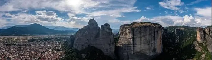Framed Print : Greece Meteora landscape panoramic aerial view. Kalabaka village and famous rock formations. Europe travel destination Framed Print : Greece Meteora landscape panoramic aerial view. Kalabaka village and famous rock formations. Europe travel destination