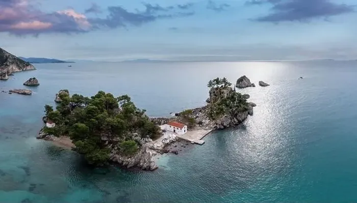 Framed Print : Greece Parga. Aerial drone view of Panagia island off the coast of Parga Framed Print : Greece Parga. Aerial drone view of Panagia island off the coast of Parga