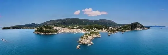 Framed Print : Greece Parga. Aerial panoramic drone view of traditional city on the coast Framed Print : Greece Parga. Aerial panoramic drone view of traditional city on the coast