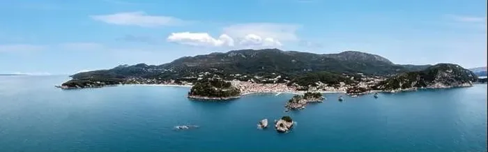 Framed Print : Greece Parga. Aerial panoramic drone view of traditional city on the coast Framed Print : Greece Parga. Aerial panoramic drone view of traditional city on the coast