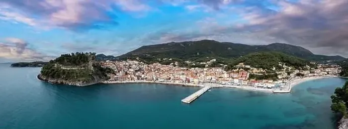 Framed Print : Greece Parga destination. Aerial panoramic drone view of traditional waterfront city and the Venetian Castle