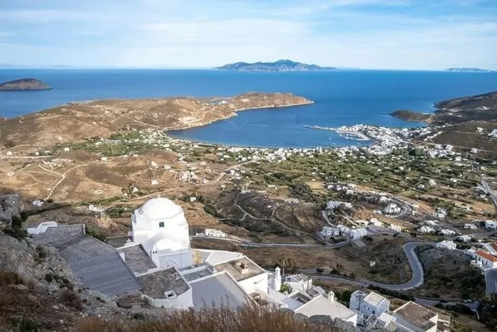 Framed Print : Greece Serifos island, Livadi cityscape and port aerial drone view from Chora town Framed Print : Greece Serifos island, Livadi cityscape and port aerial drone view from Chora town