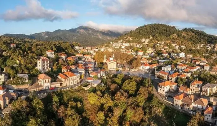 Framed Print : Greece village Kosmas on mountain Parnonas aerial drone view Framed Print : Greece village Kosmas on mountain Parnonas aerial drone view
