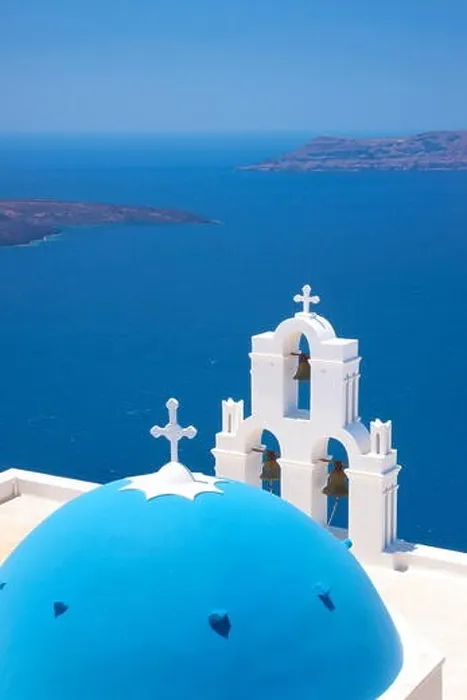 Framed Print : Greek church with blue dome and white bell tower overlooking the sea, Thira (Fira) Town, Santorini Island, Cyclades, Greece Framed Print : Greek church with blue dome and white bell tower overlooking the sea, Thira (Fira) Town, Santorini Island, Cyclades, Greece