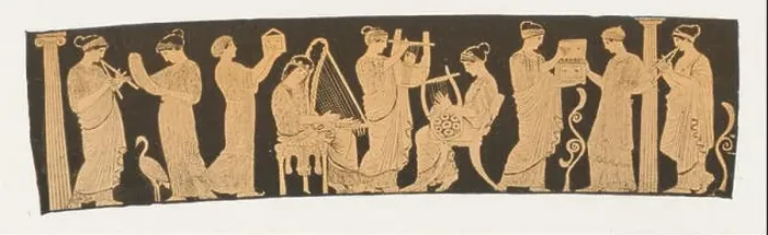 Framed Print : Greek vase painting showing the 9 muses Framed Print : Greek vase painting showing the 9 muses