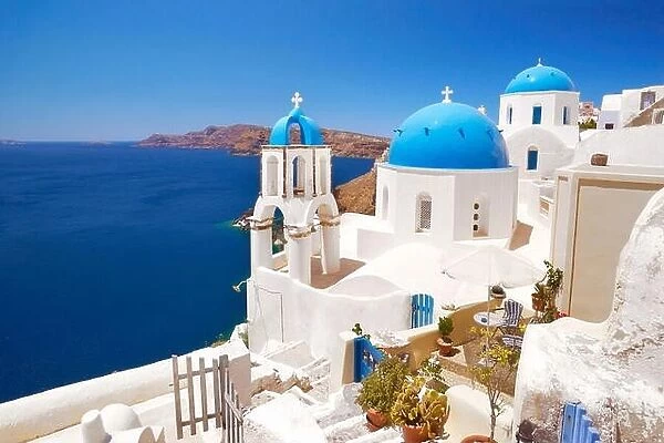 Greek white church, Oia Town, Santorini, Cyclades Islands, Greece