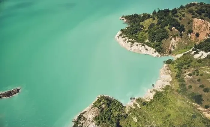 Framed Print : Green water with cliff landscape aerial above top view Framed Print : Green water with cliff landscape aerial above top view