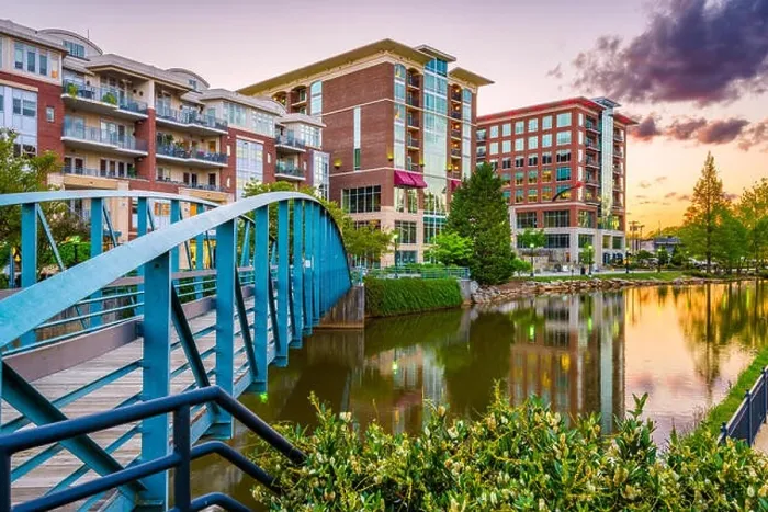 Framed Print : Greenville, South Carolina, USA downtown cityscape on the Reedy River at dusk Framed Print : Greenville, South Carolina, USA downtown cityscape on the Reedy River at dusk