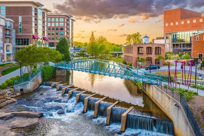 Framed Print : Greenville, South Carolina, USA downtown cityscape on the Reedy River at dusk Framed Print : Greenville, South Carolina, USA downtown cityscape on the Reedy River at dusk