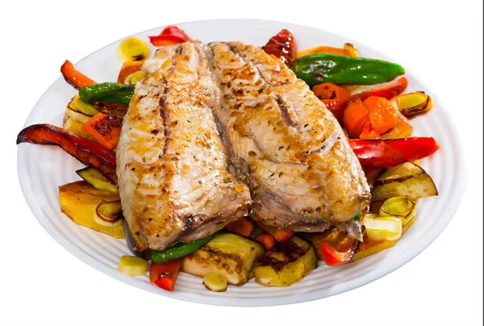 Framed Print : Grilled assorted vegetables served with baked mackerel - traditional Bulgarian Plakiya. Isolated over white background Framed Print : Grilled assorted vegetables served with baked mackerel - traditional Bulgarian Plakiya. Isolated over white background