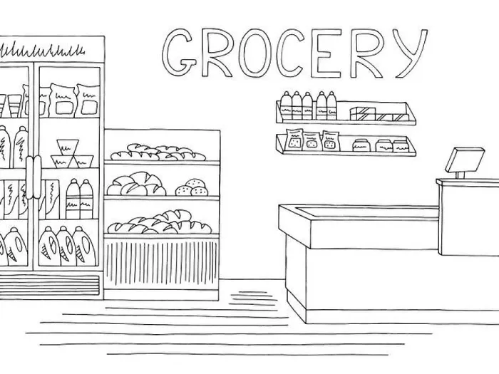Framed Print : Grocery store shop interior black white graphic sketch illustration vector Framed Print : Grocery store shop interior black white graphic sketch illustration vector