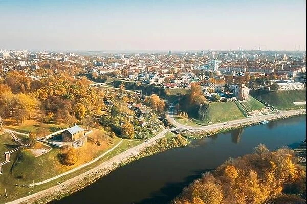 Grodno, Belarus. Aerial Bird's-eye View Of Hrodna Cityscape Skyline. Kalozha Church And Other Famous Popular Historic Landmarks In Sunny Autumn Day