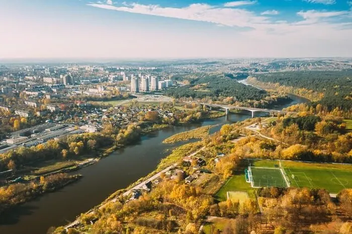 Framed Print : Grodno, Belarus. Aerial Bird's-eye View Of Hrodna Cityscape Skyline. Residential District In Sunny Autumn Day Framed Print : Grodno, Belarus. Aerial Bird's-eye View Of Hrodna Cityscape Skyline. Residential District In Sunny Autumn Day