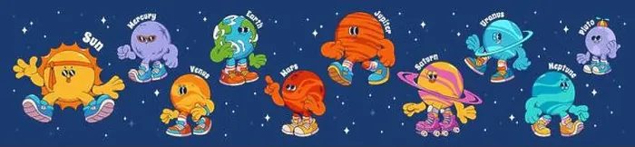 Framed Print : Groovy universe cartoon planets collection with cute characters on starry sky background Framed Print : Groovy universe cartoon planets collection with cute characters on starry sky background