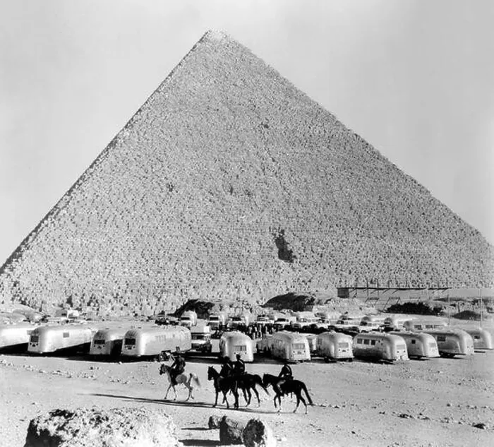 Framed Print : A group of American Airstream Trailers on a caravan gather at the Pyramids at Giza near Cairo in Egypt Framed Print : A group of American Airstream Trailers on a caravan gather at the Pyramids at Giza near Cairo in Egypt