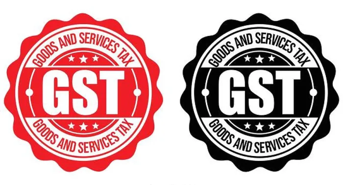 Framed Print : GST Logo Badge Design – Goods and Services Tax Icon Label in Red and Black Vector Style