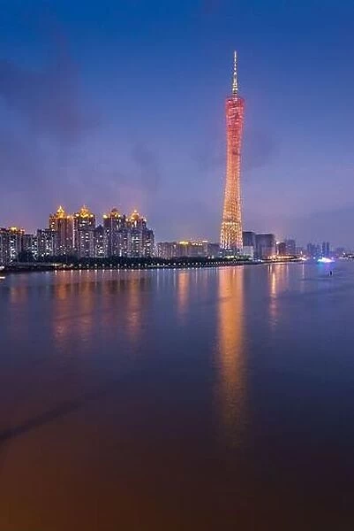 Guangzhou, China skyline on the Pearl River at dusk