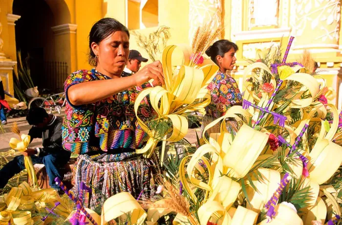 Framed Print : Guatemala, Central Cordillera, Sacatepequez Department, Antigua Guatemala, making of branches for the Holy Week