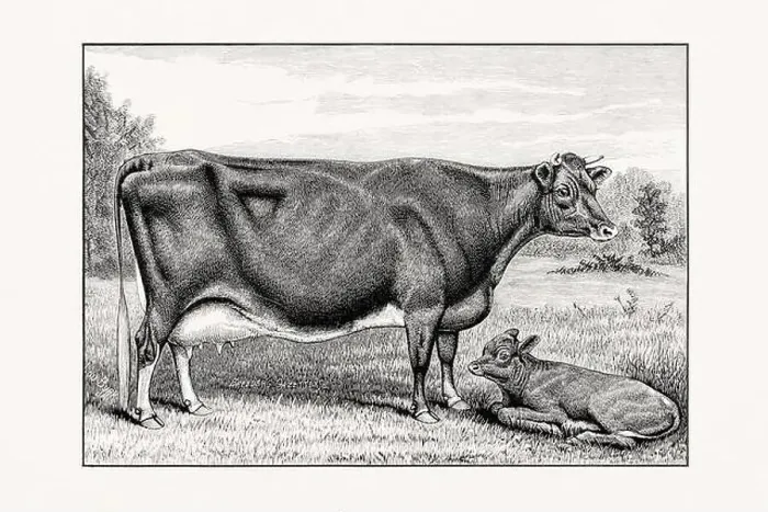 Framed Print : Guernsey Cattle. Vintage cattle illustration of a cow and calf from an 1887 livestock book Framed Print : Guernsey Cattle. Vintage cattle illustration of a cow and calf from an 1887 livestock book