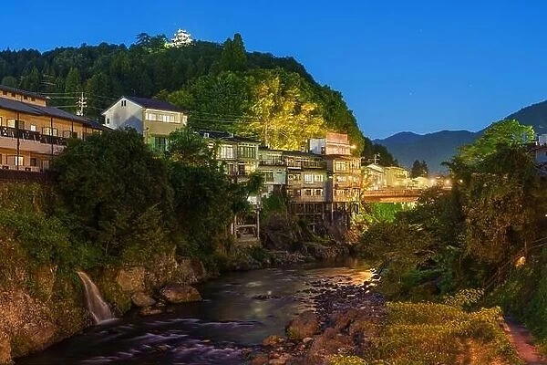 Gujo, Gifu, Japan hot springs onsen town on the Hida River at night