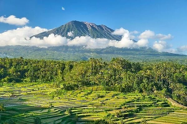 Gunung Agung Volcano and rice terraces landscape, Bali, Indonesia