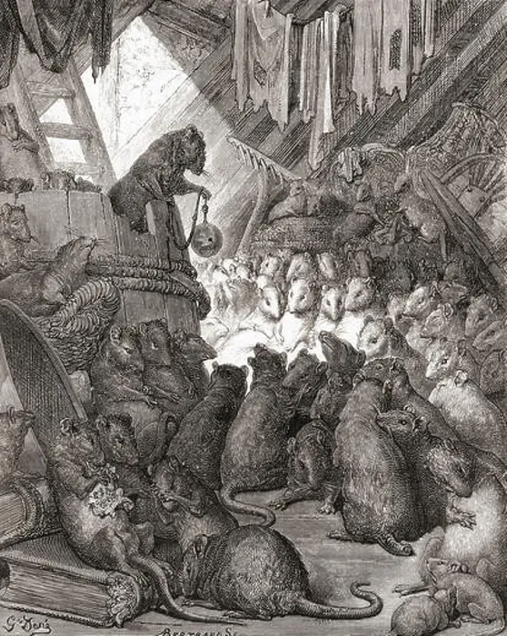 Framed Print : Gustave Doré's illustration of La Fontaine's fable The Mice in Council (Conseil tenu par les rats) Framed Print : Gustave Doré's illustration of La Fontaine's fable The Mice in Council (Conseil tenu par les rats)