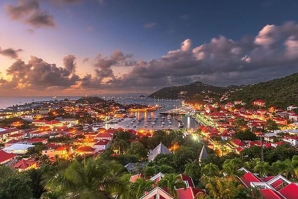 Gustavia, Saint Barthelemy skyline and harbor in the West Indies of the Caribbean at dusk
