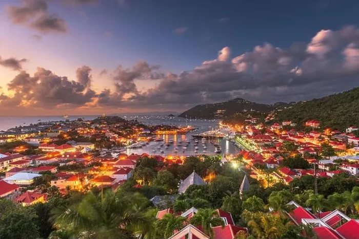 Framed Print : Gustavia, Saint Barthelemy skyline and harbor in the West Indies of the Caribbean at dusk