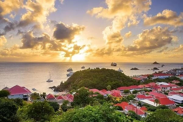 Gustavia, St Barts coast in the West Indies of the Caribbean Sea at sunset