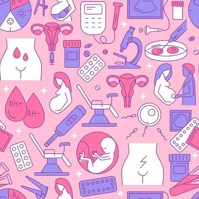 Framed Print : Gynecology and obstetrics seamless pattern in colored line style. Vector illustration Framed Print : Gynecology and obstetrics seamless pattern in colored line style. Vector illustration