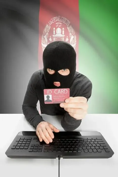 Framed Print : Hacker with ID card in hand and flag on background - Afghanistan Framed Print : Hacker with ID card in hand and flag on background - Afghanistan
