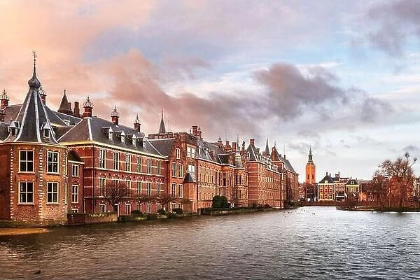The Hague, Netherlands at the Binnenhof and moat at dusk
