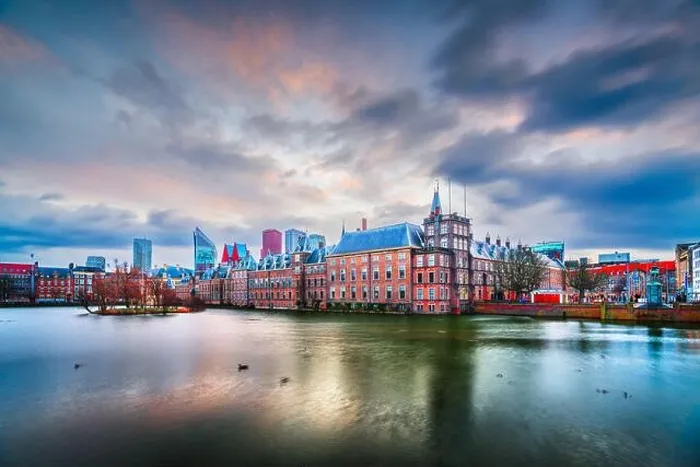 Framed Print : The Hague, Netherlands cityscape at twilight on Lake Hofvijver Framed Print : The Hague, Netherlands cityscape at twilight on Lake Hofvijver